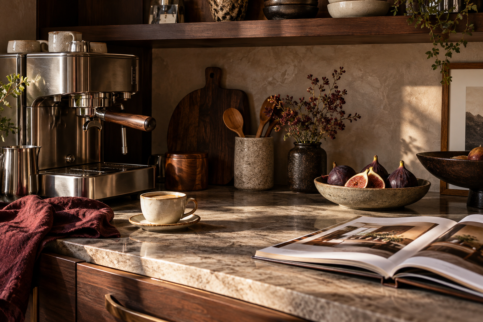 Warm kitchen with walnut cabinets and morning light