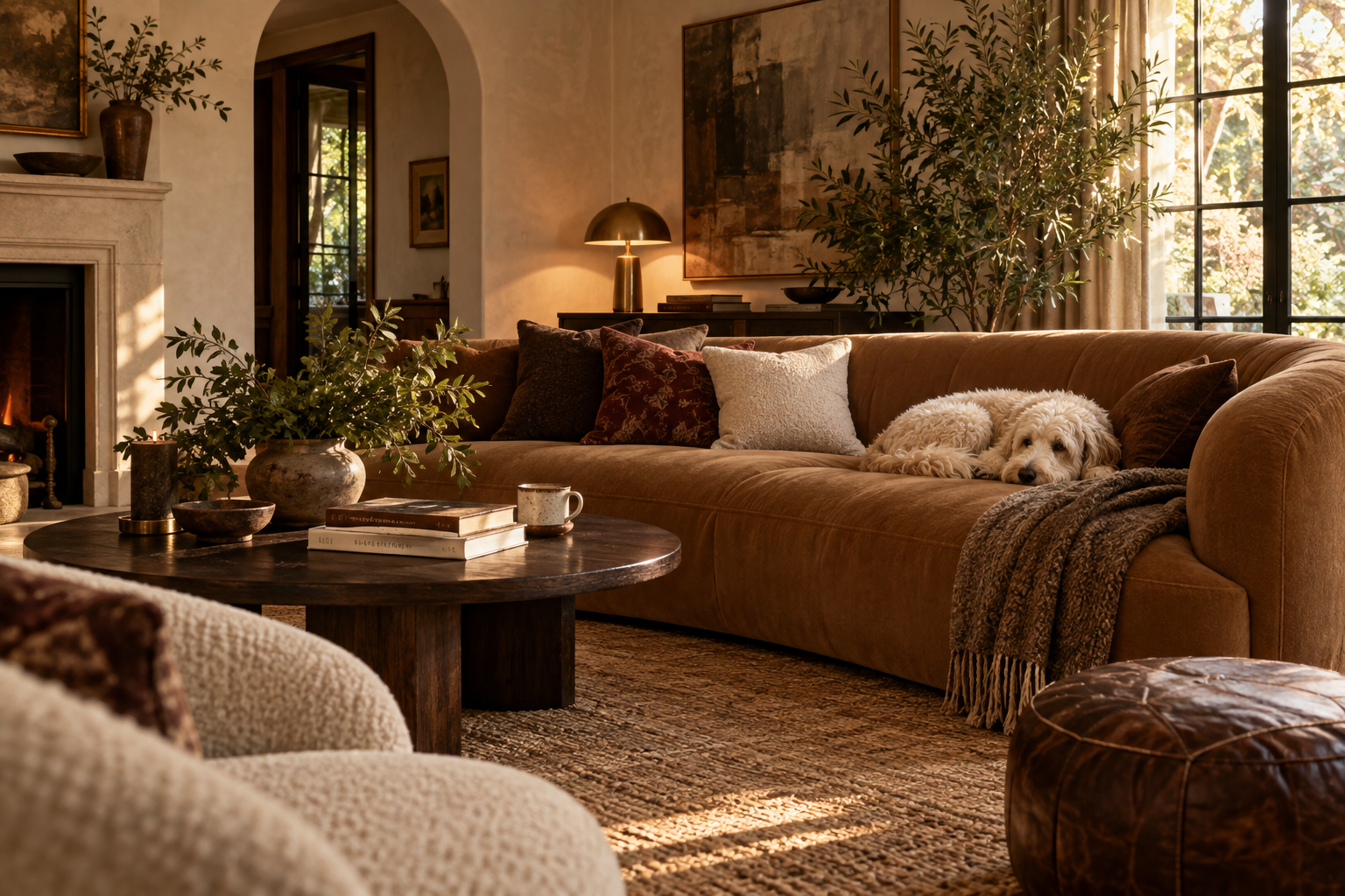 Dog resting on a caramel sofa in a cozy living room