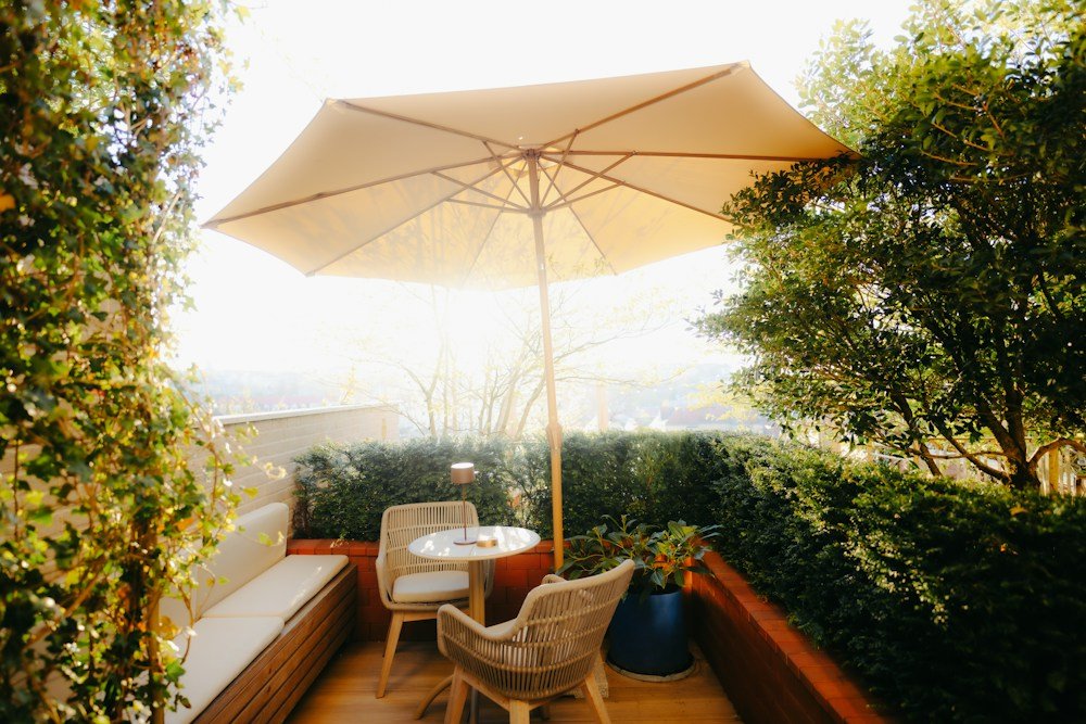 Sunny patio with an umbrella and plants