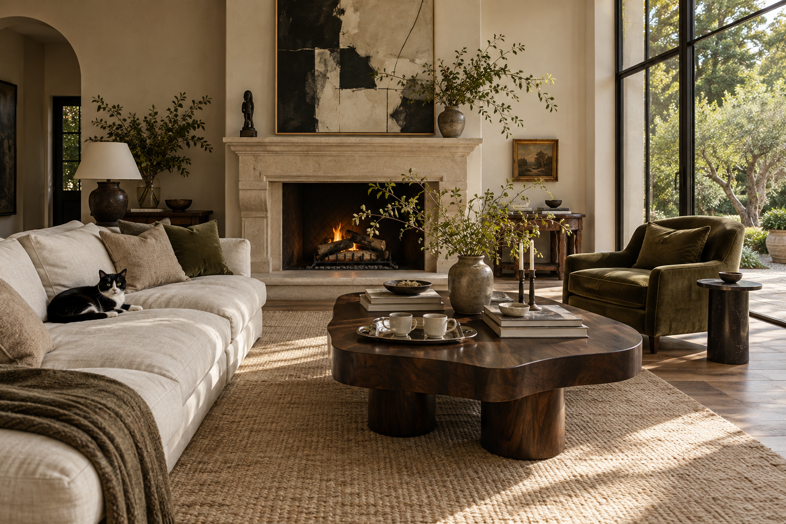 Living room with limestone fireplace, linen sofa, olive armchair and tuxedo cat